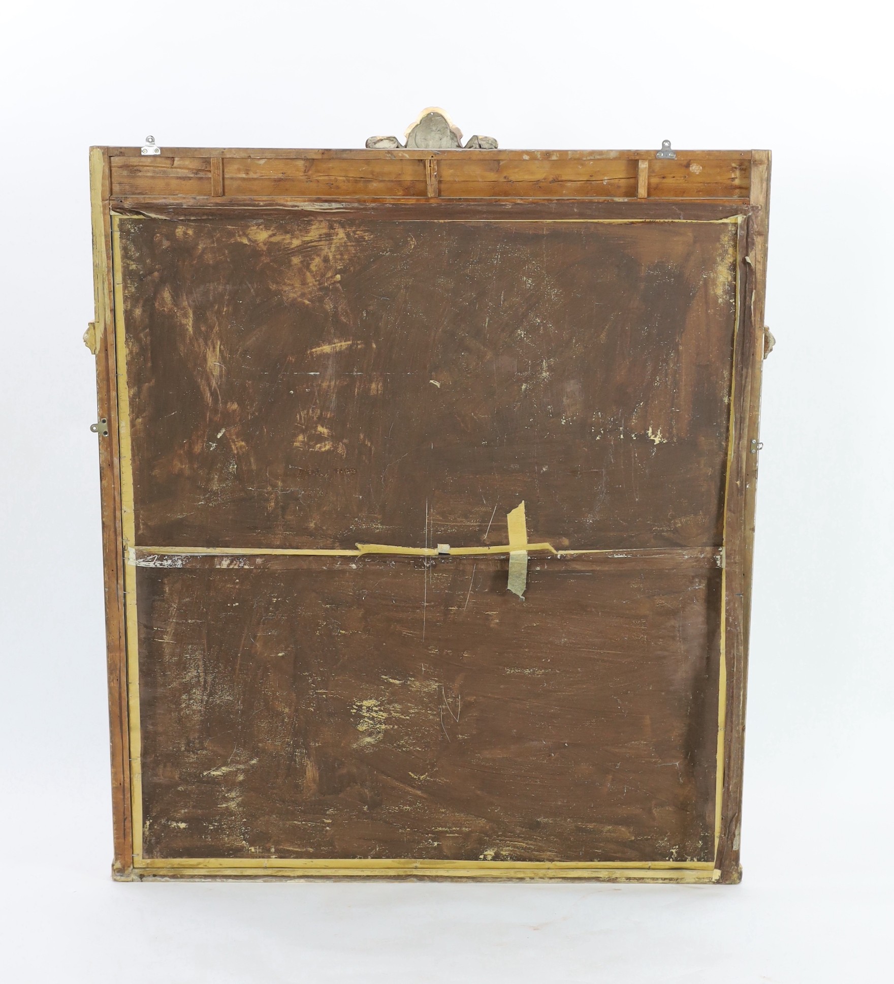A late 19th century French carved giltwood wall mirror, W.146cm H.171cm